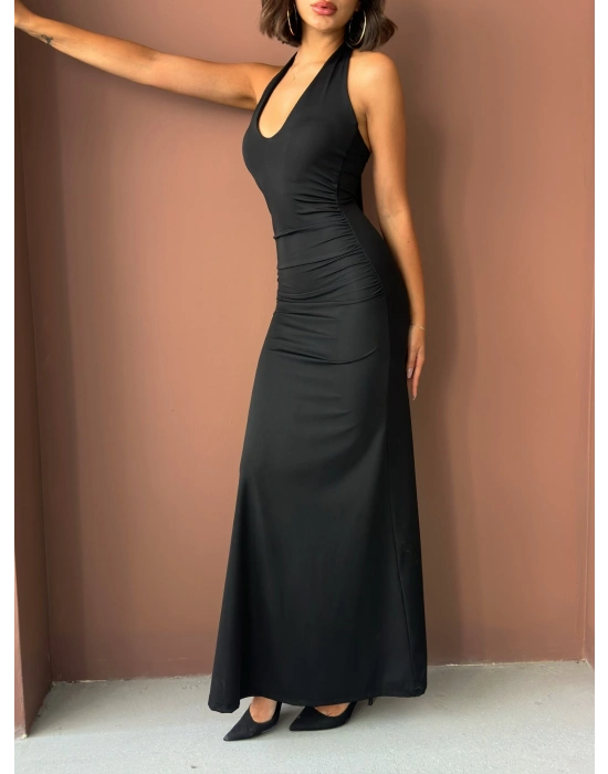 Boyundan Bağlamalı Uzun Elbise-siyah