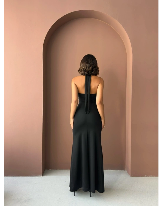Boyundan Bağlamalı Uzun Elbise-siyah