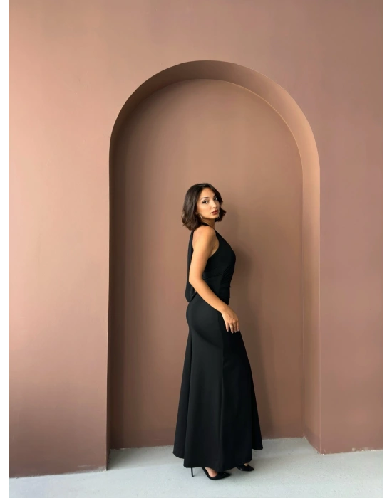 Boyundan Bağlamalı Uzun Elbise-siyah