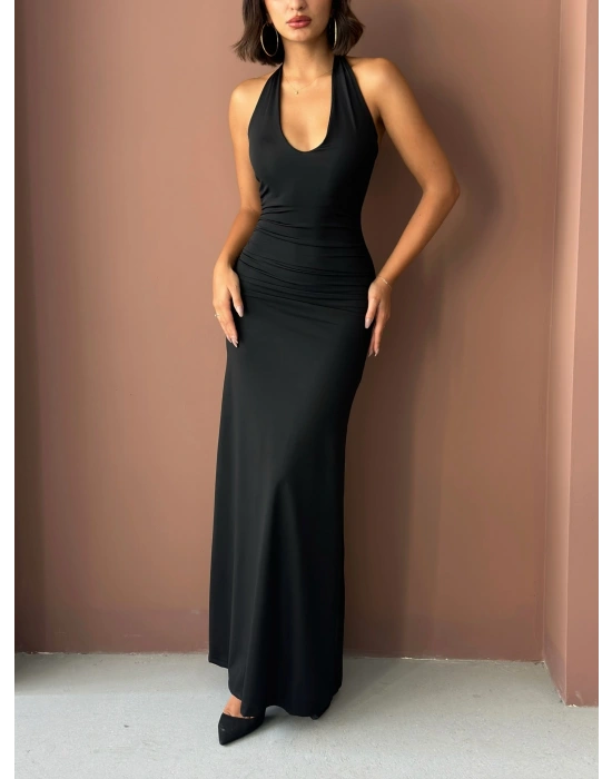 Boyundan Bağlamalı Uzun Elbise-siyah