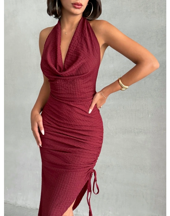 Degaje Yaka Büzgülü Elbise-bordo