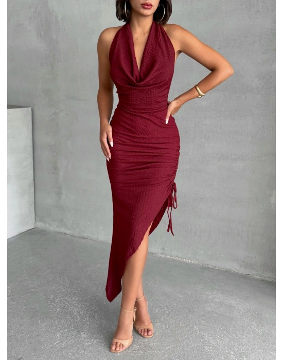 Degaje Yaka Büzgülü Elbise-bordo