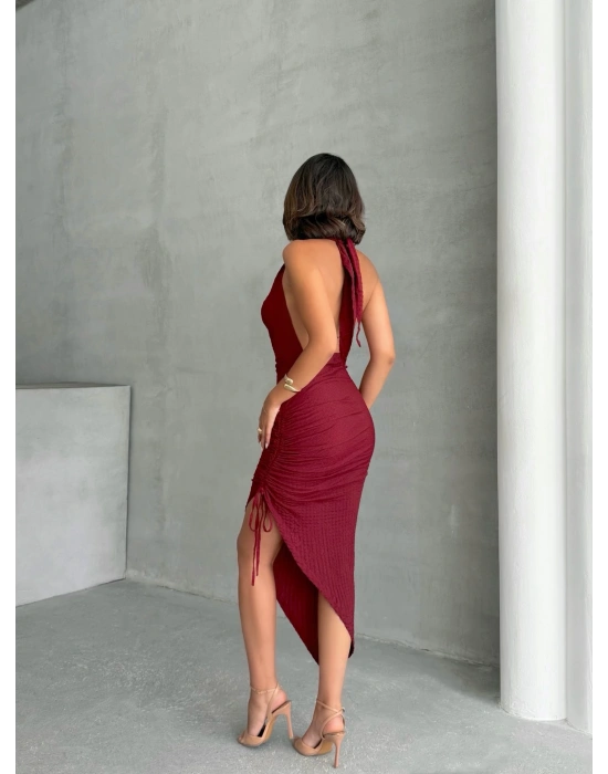 Degaje Yaka Büzgülü Elbise-bordo