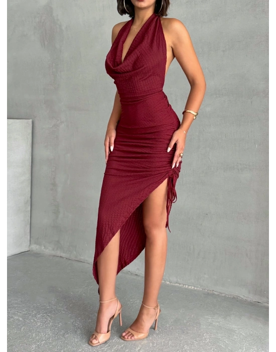 Degaje Yaka Büzgülü Elbise-bordo