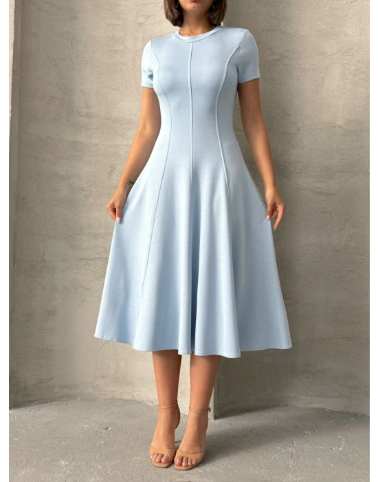 Dikiş Detaylı Midi Elbise-bebe mavi