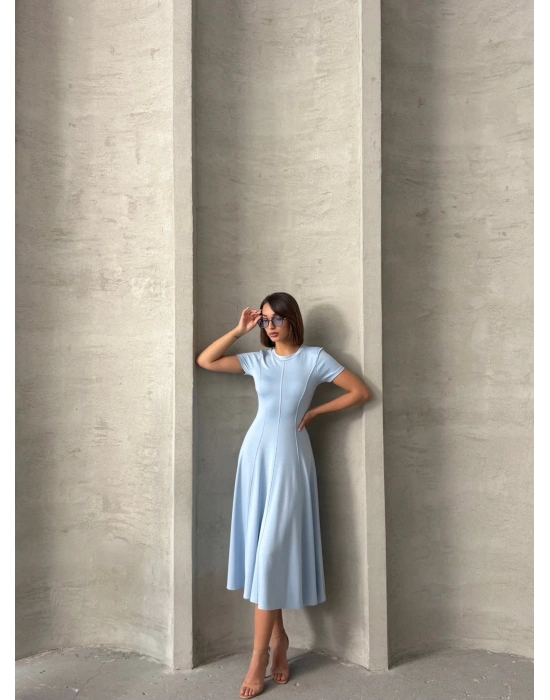 Dikiş Detaylı Midi Elbise-bebe mavi