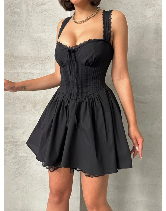 Fransız Dantelli Elbise-siyah