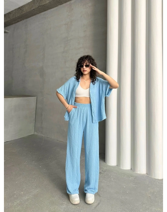 Gofre Kumaş Gömlekli Takım-mavi