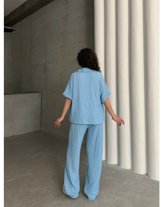 Gofre Kumaş Gömlekli Takım-mavi