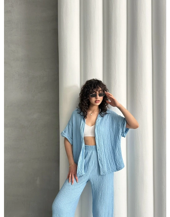 Gofre Kumaş Gömlekli Takım-mavi