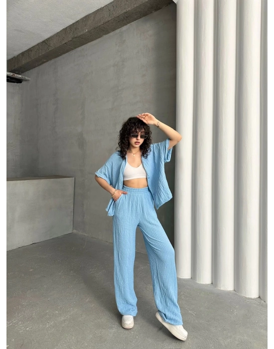 Gofre Kumaş Gömlekli Takım-mavi