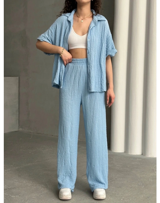 Gofre Kumaş Gömlekli Takım-mavi