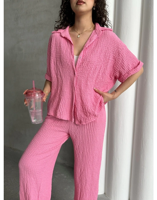 Gofre Kumaş Gömlekli Takım-pembe