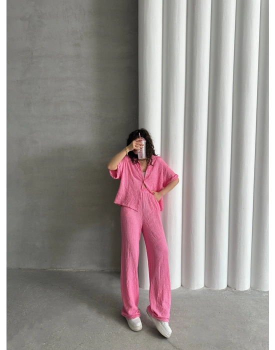 Gofre Kumaş Gömlekli Takım-pembe