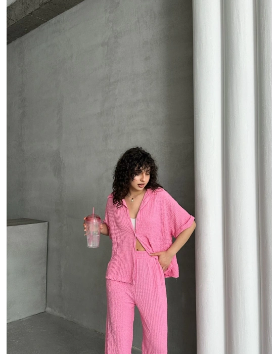 Gofre Kumaş Gömlekli Takım-pembe