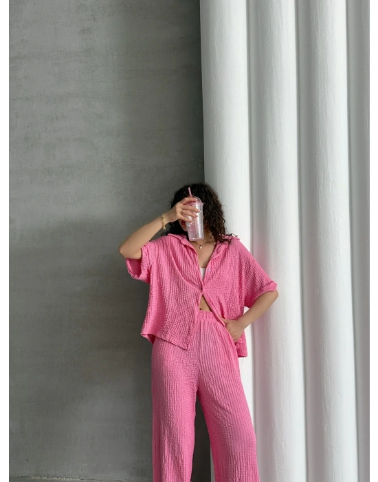Gofre Kumaş Gömlekli Takım-pembe