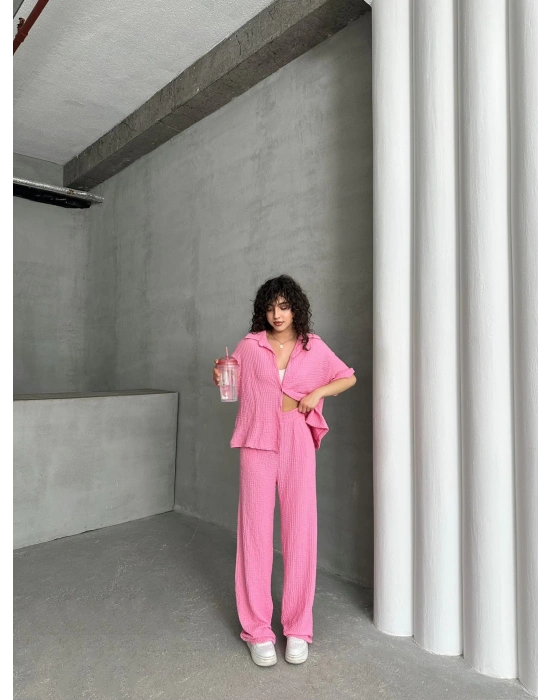 Gofre Kumaş Gömlekli Takım-pembe