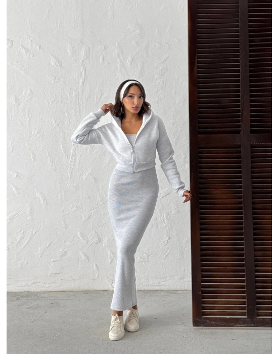 Hırkalı Elbiseli Set-gri