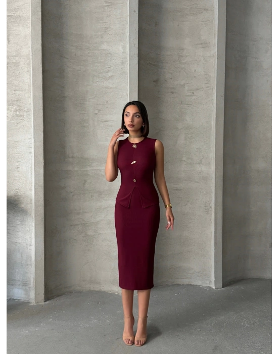 İkon Düğmeli Etekli Takım-bordo