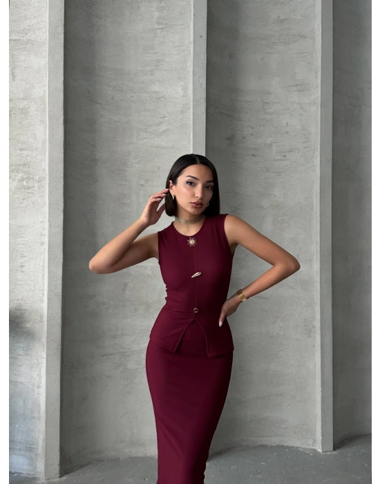 İkon Düğmeli Etekli Takım-bordo