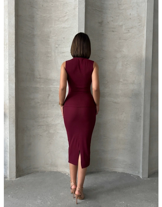 İkon Düğmeli Etekli Takım-bordo