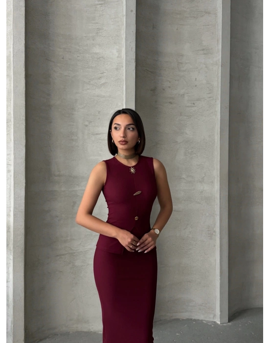 İkon Düğmeli Etekli Takım-bordo