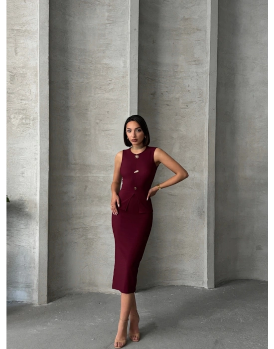 İkon Düğmeli Etekli Takım-bordo