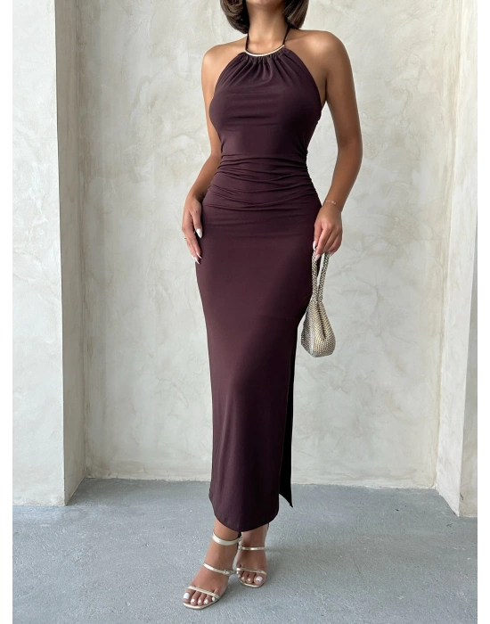 Kolye Detaylı Elbise-kahve