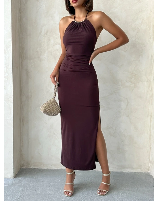 Kolye Detaylı Elbise-kahve