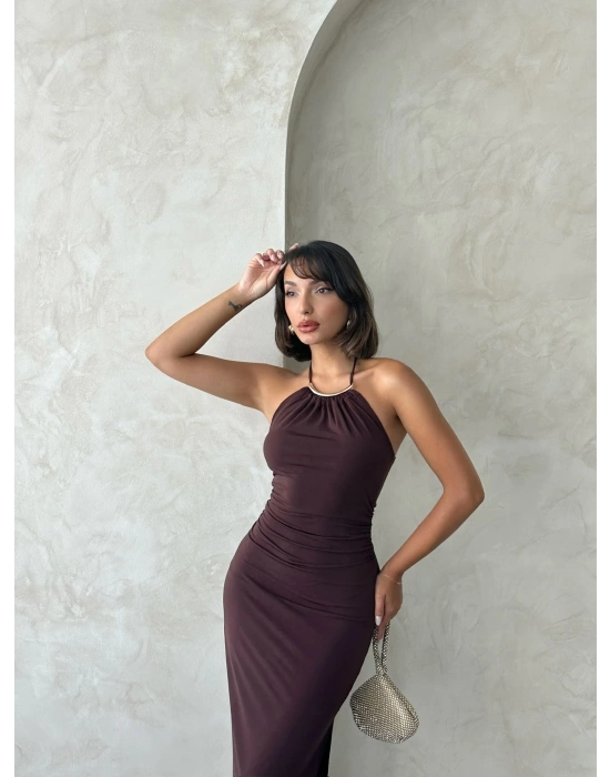 Kolye Detaylı Elbise-kahve