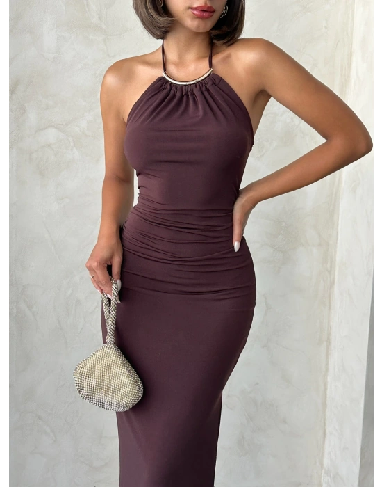 Kolye Detaylı Elbise-kahve