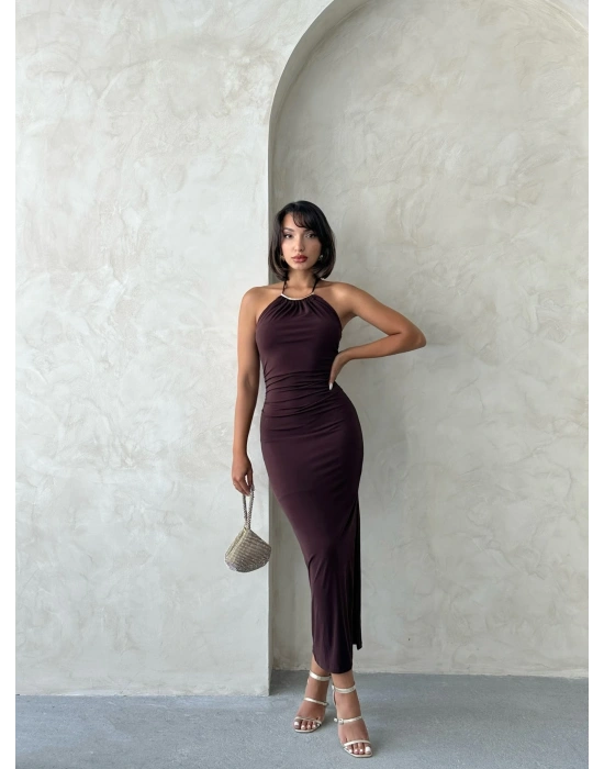 Kolye Detaylı Elbise-kahve