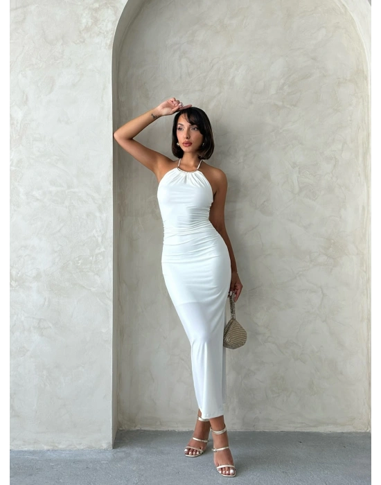 Kolye Deytaylı Elbise-beyaz