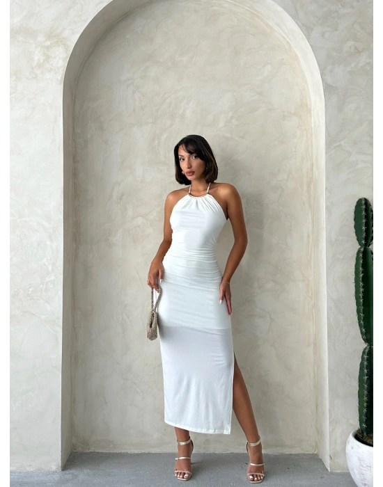 Kolye Deytaylı Elbise-beyaz