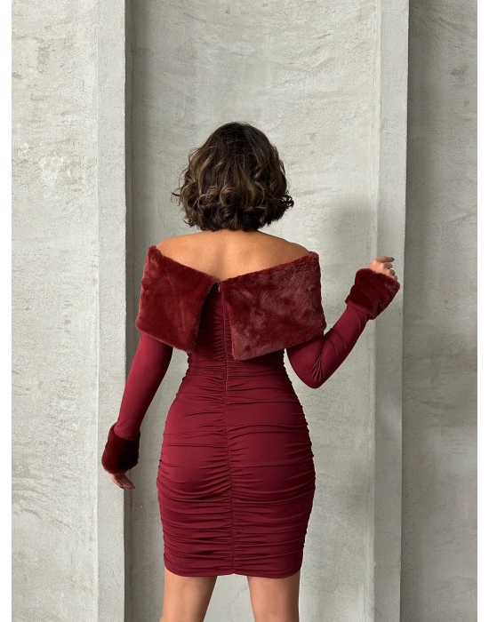 Kürk Detaylı Madonna Elbise-bordo