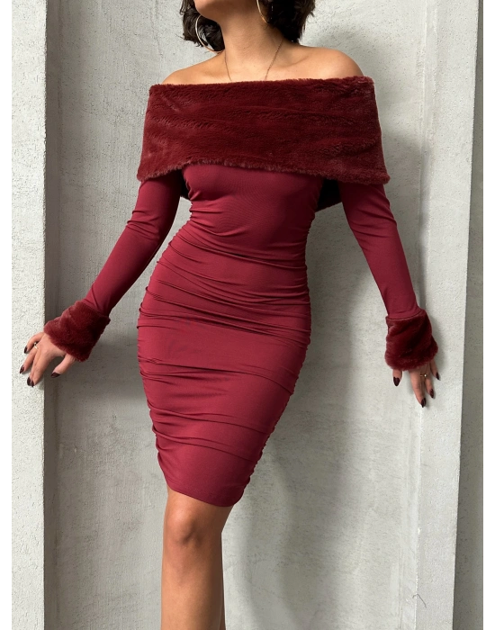 Kürk Detaylı Madonna Elbise-bordo
