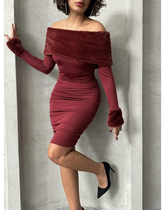 Kürk Detaylı Madonna Elbise-bordo