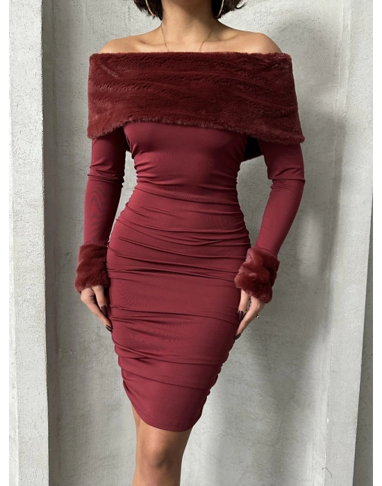 Kürk Detaylı Madonna Elbise-bordo