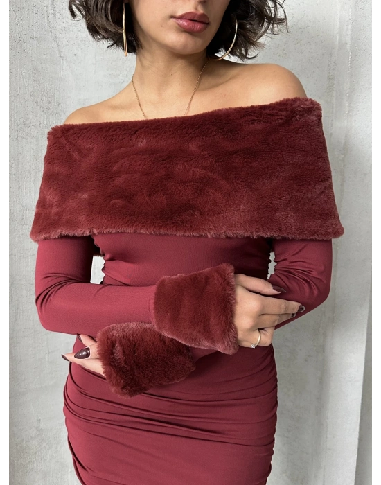 Kürk Detaylı Madonna Elbise-bordo