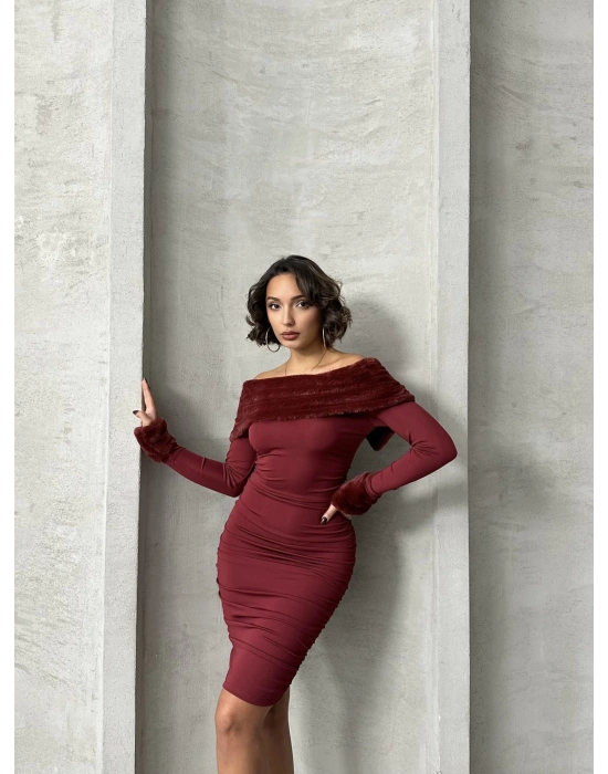 Kürk Detaylı Madonna Elbise-bordo