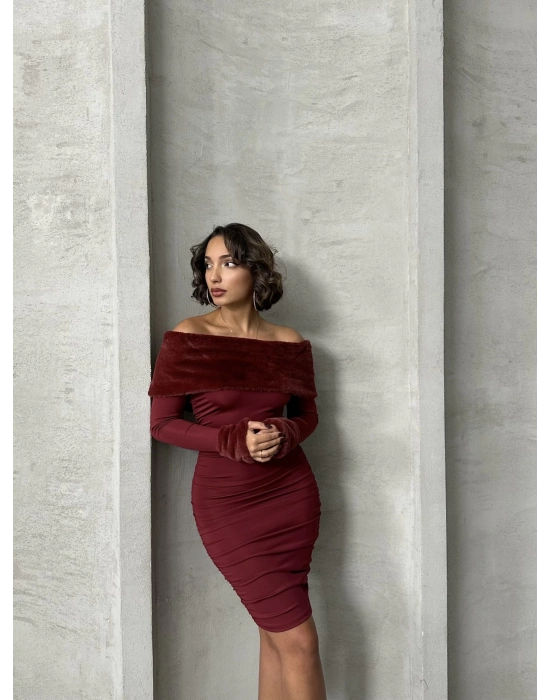 Kürk Detaylı Madonna Elbise-bordo