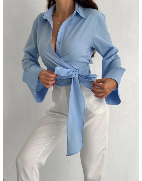 Kuşak Bağlamalı Gömlek-mavi