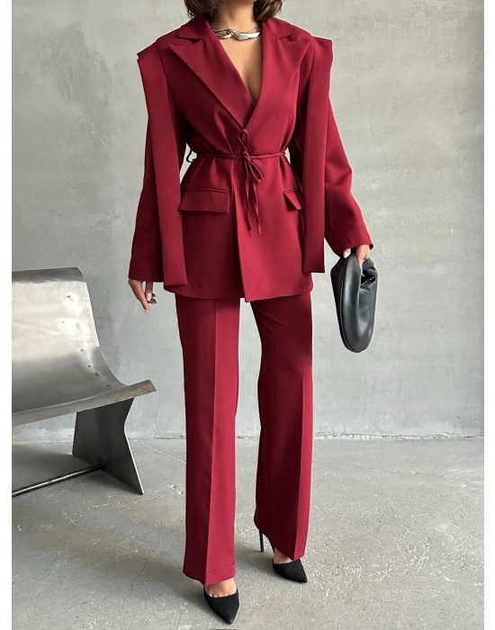 Kuşaklı Oversize Blazer Ceket-bordo