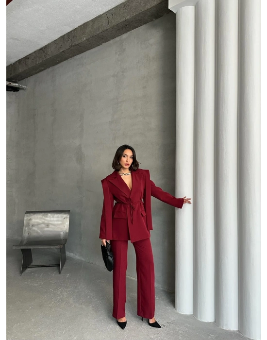 Kuşaklı Oversize Blazer Ceket-bordo