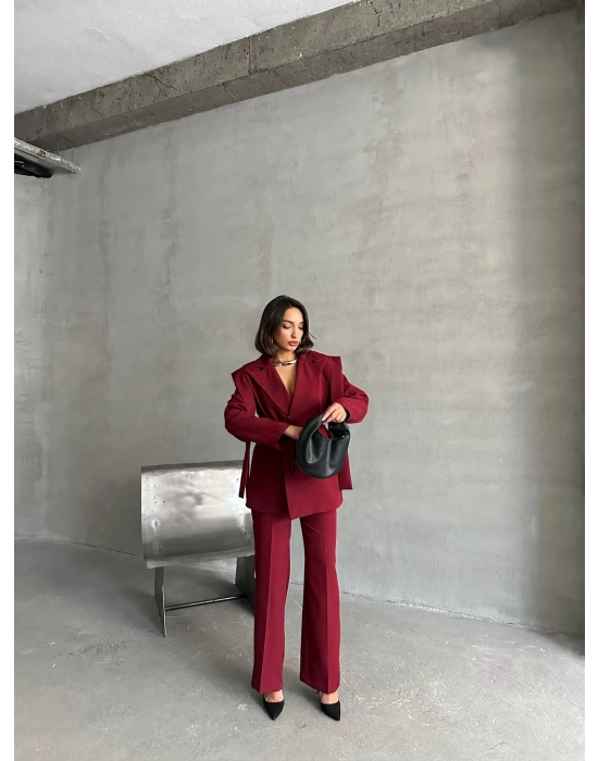 Kuşaklı Oversize Blazer Ceket-bordo