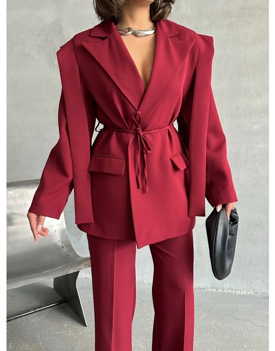 Kuşaklı Oversize Blazer Ceket-bordo