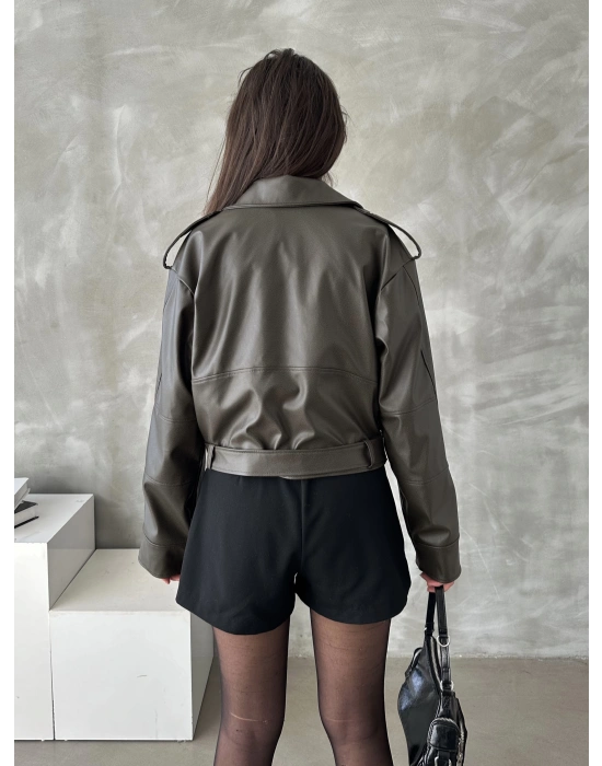 Muadil Model Kemerli Deri Ceket-Yeşil