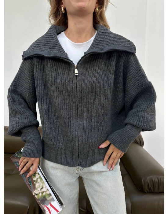 Örme Yakalı Hırka-antrasit