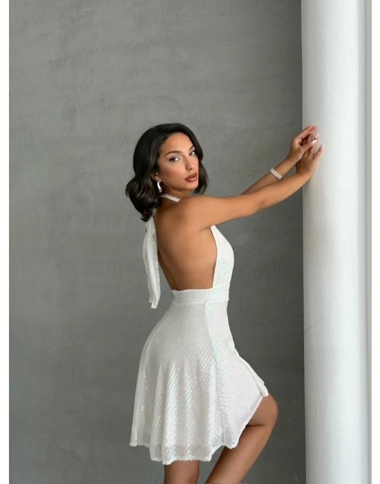 Payetli Boyundan Bağlamalı Elbise-beyaz