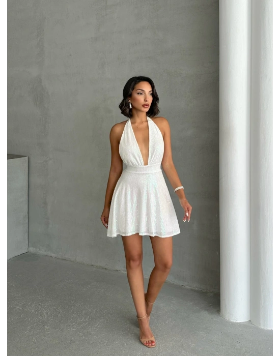 Payetli Boyundan Bağlamalı Elbise-beyaz